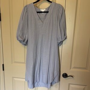 Light Blue Linen Puff Sleeve Tunic Dress